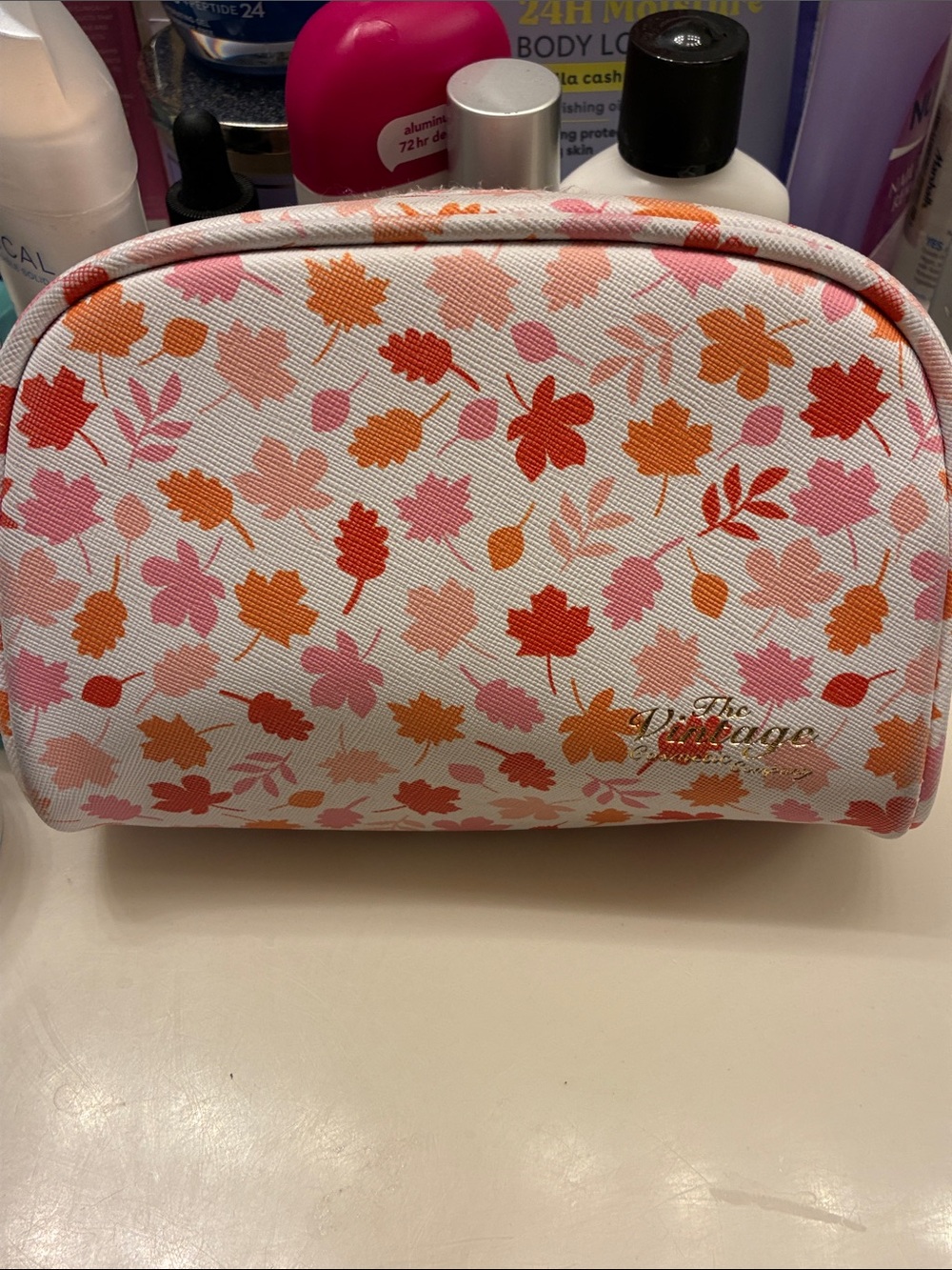 The Vintage Floral Leaf Cosmetic Pouch in Pink & Orange